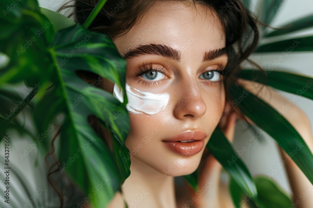 A beautiful woman with flawless skin applies cream on her cheeks against a white background with green leaves in the foreground. Skincare concept, beauty concept A beautiful woman with flawless skin applies cream on her cheeks against a white background with green leaves in the foreground. Skincare concept, beauty concept