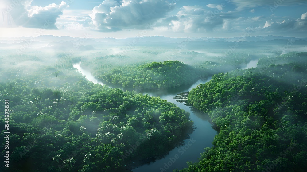 A breathtaking aerial view of a dense tropical rainforest with verdant green canopy and winding rivers, set under a partly cloudy sky. A breathtaking aerial view of a dense tropical rainforest with verdant green canopy and winding rivers, set under a partly cloudy sky.