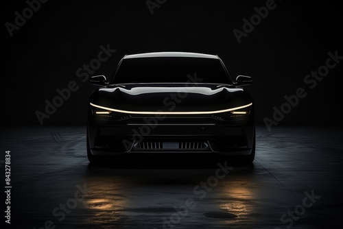 A black car with a bright light on the hood. The car is in a dark room. The car is the main focus of the image