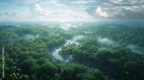 A breathtaking aerial view of a dense tropical rainforest with verdant green canopy and winding rivers  set under a partly cloudy sky.