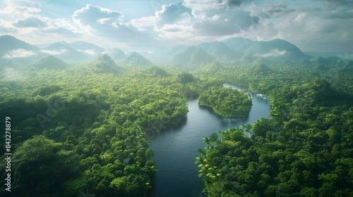A breathtaking aerial view of a dense tropical rainforest with verdant green canopy and winding rivers, set under a partly cloudy sky.
