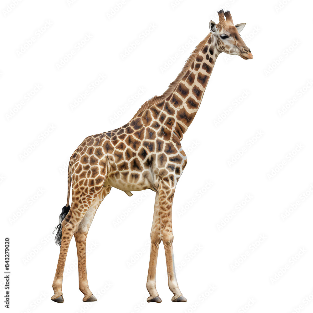 Naklejka premium A giraffe standing on a white background
