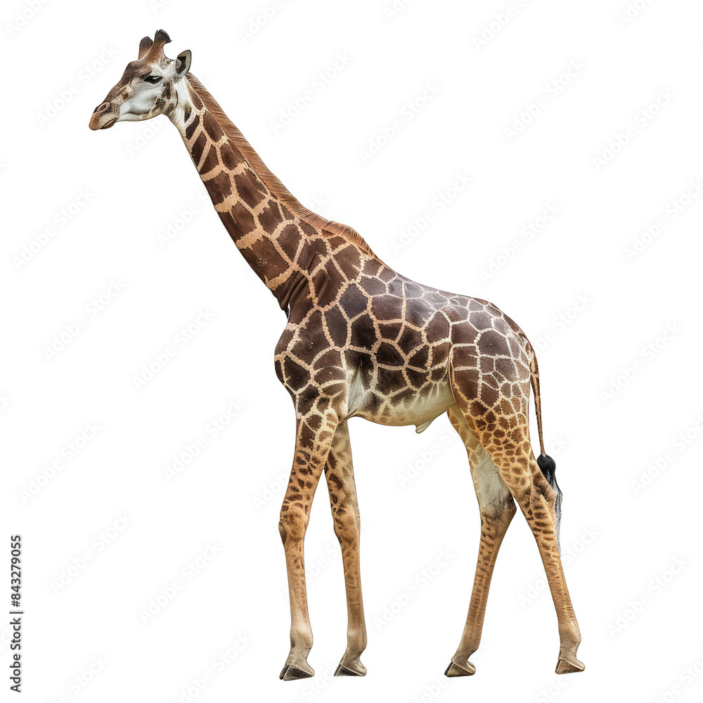 Naklejka premium A giraffe stands on a white background