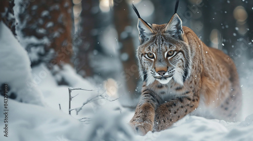 Eurasian Lynx running  wild cat in the forest with snow. Wildlife scene from winter nature. Cute big cat in habitat  cold condition. Snowy forest with beautiful animal wild lynx  Germany