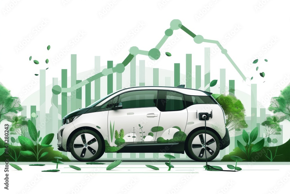 A white car with green plants on it is parked in front of a city skyline. The car is electric and has a leafy design. Concept of environmental consciousness