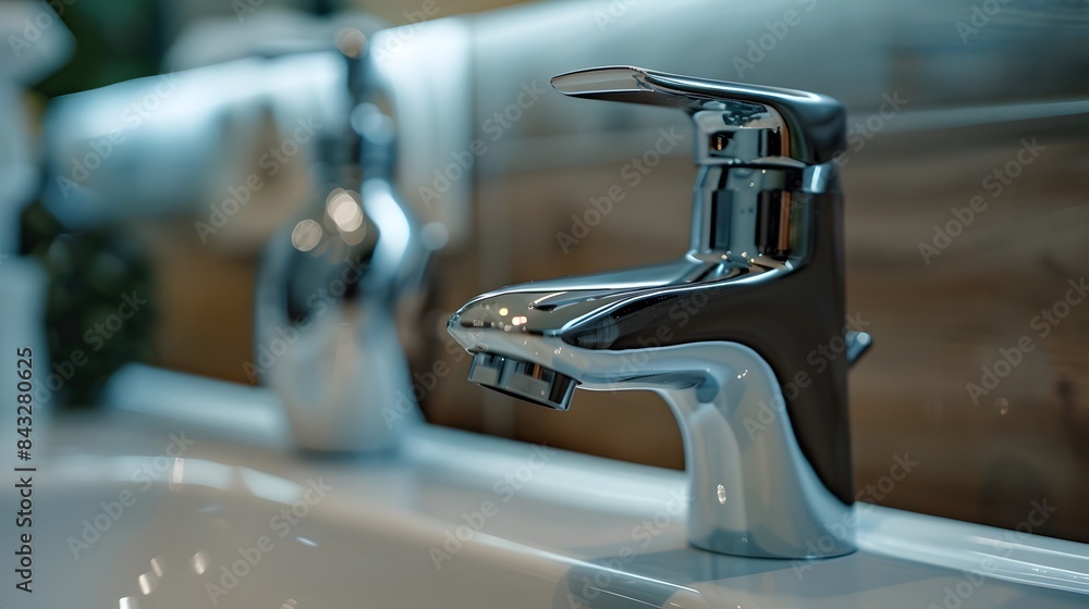 A closeup shot of the faucet in bathroom, highlighting its sleek design and shiny chrome finish. as an attractive element for water control. A closeup shot of the faucet in bathroom, highlighting its sleek design and shiny chrome finish. as an attractive element for water control.
