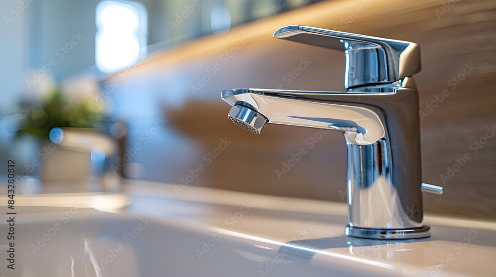 A closeup shot of the faucet in bathroom, highlighting its sleek design and shiny chrome finish. as an attractive element for water control. A closeup shot of the faucet in bathroom, highlighting its sleek design and shiny chrome finish. as an attractive element for water control.