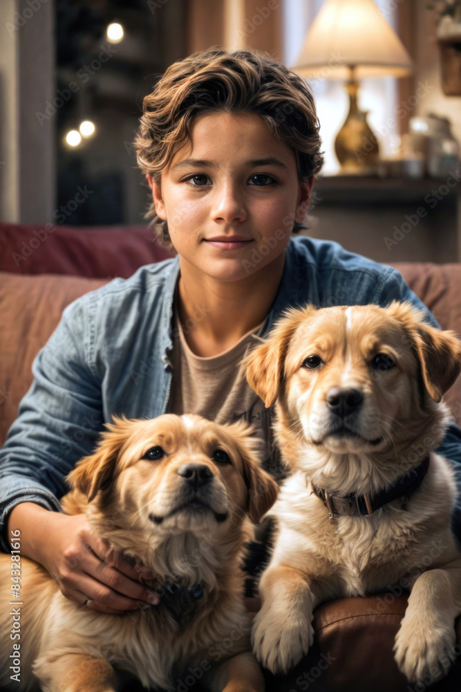 A boy is sitting on a couch with two dogs A boy is sitting on a couch with two dogs