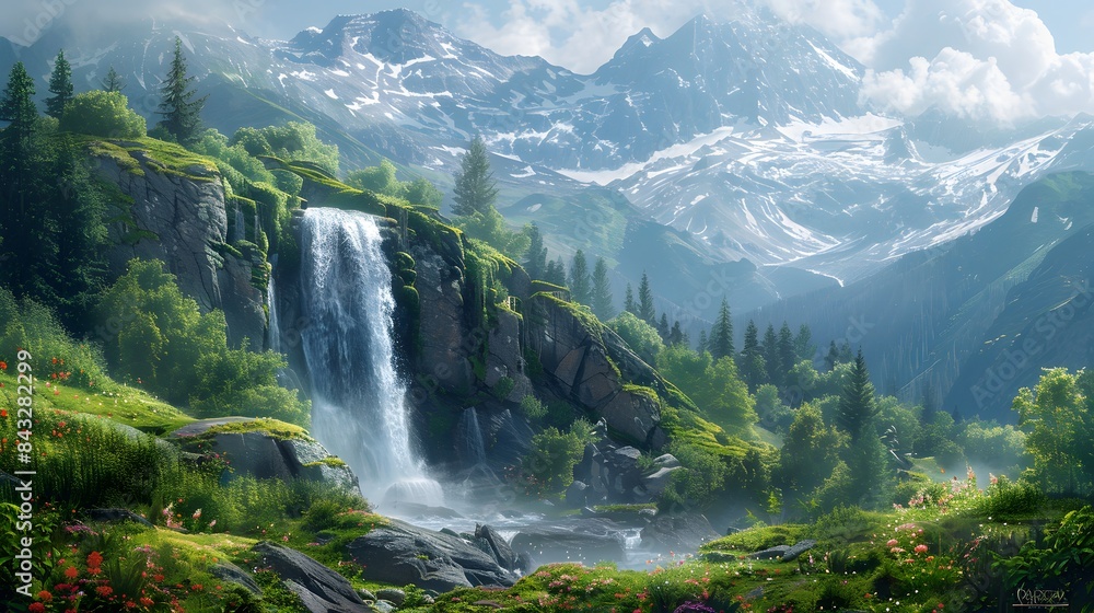 A mountain landscape scene with a gentle waterfall cascading down rocky cliffs, surrounded by lush green trees and wildflowers.