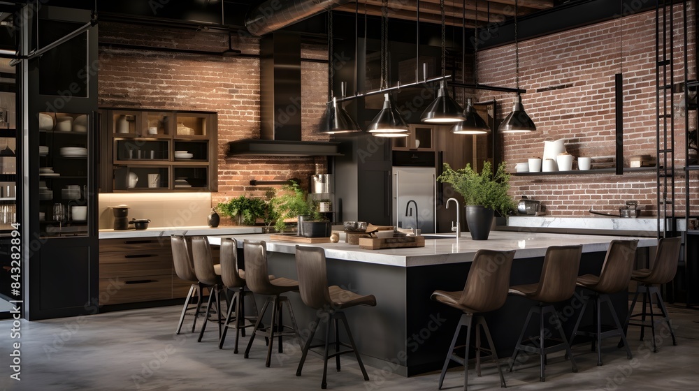 Urban chic ambiance with exposed brick, industrial pendant lights