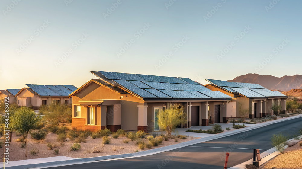 newly constructed homes with solar panels on the roof under a bright sky newly constructed homes with solar panels on the roof under a bright sky