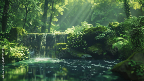 Nature Peaceful Green Cascading Waterfall. Peaceful Nature Stream