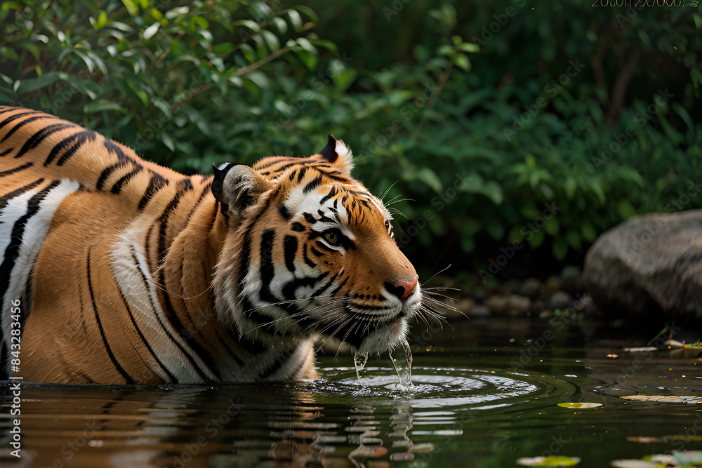 Naklejka premium Tiger Drinking from a Pond: A close-up of a tiger drinking water from a small pond in its zoo habitat, with lush greenery and reflections in the water