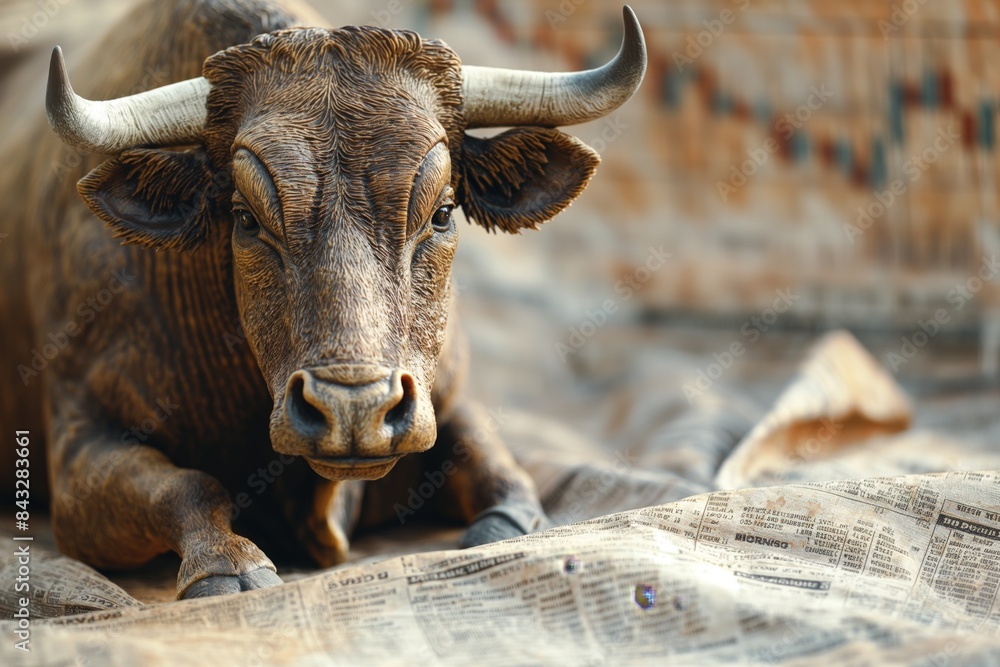 Bull resting on financial newspapers Bull resting on financial newspapers
