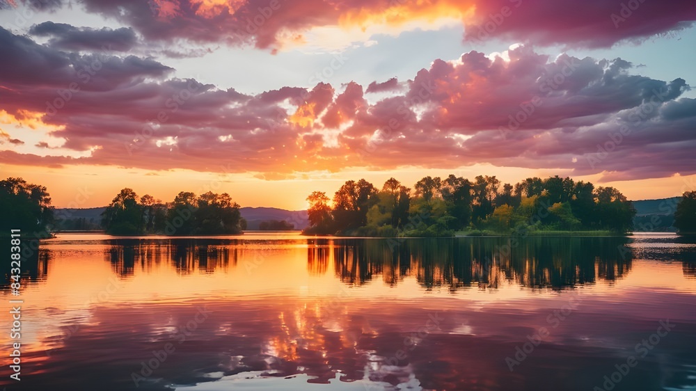 An image of a vibrant sunset over a serene lake, with colorful reflections shimmering on the water An image of a vibrant sunset over a serene lake, with colorful reflections shimmering on the water