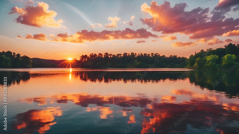 An image of a vibrant sunset over a serene lake, with colorful reflections shimmering on the water An image of a vibrant sunset over a serene lake, with colorful reflections shimmering on the water