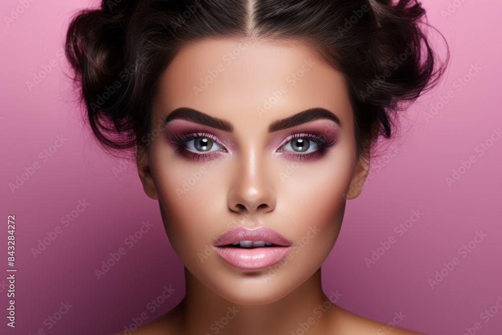 A gorgeous European model woman with Close-up view of a caucasian model adorned with flawless cosmetic makeup, set against a pink and purple background. A gorgeous European model woman with Close-up view of a caucasian model adorned with flawless cosmetic makeup, set against a pink and purple background.