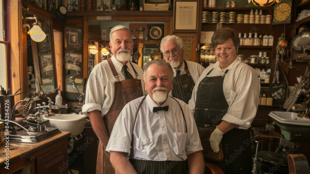 A group of men and women posing for a photo in a barbershop A group of men and women posing for a photo in a barbershop