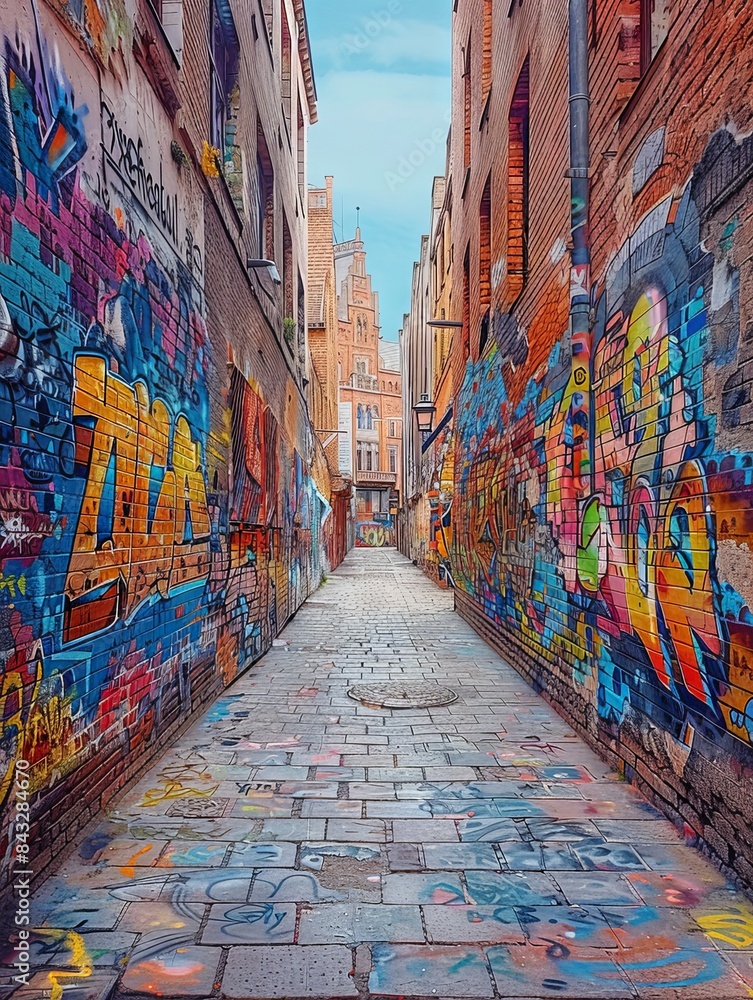 Fototapeta premium An old brick wall in a city covered with layers of graffiti and street art. 