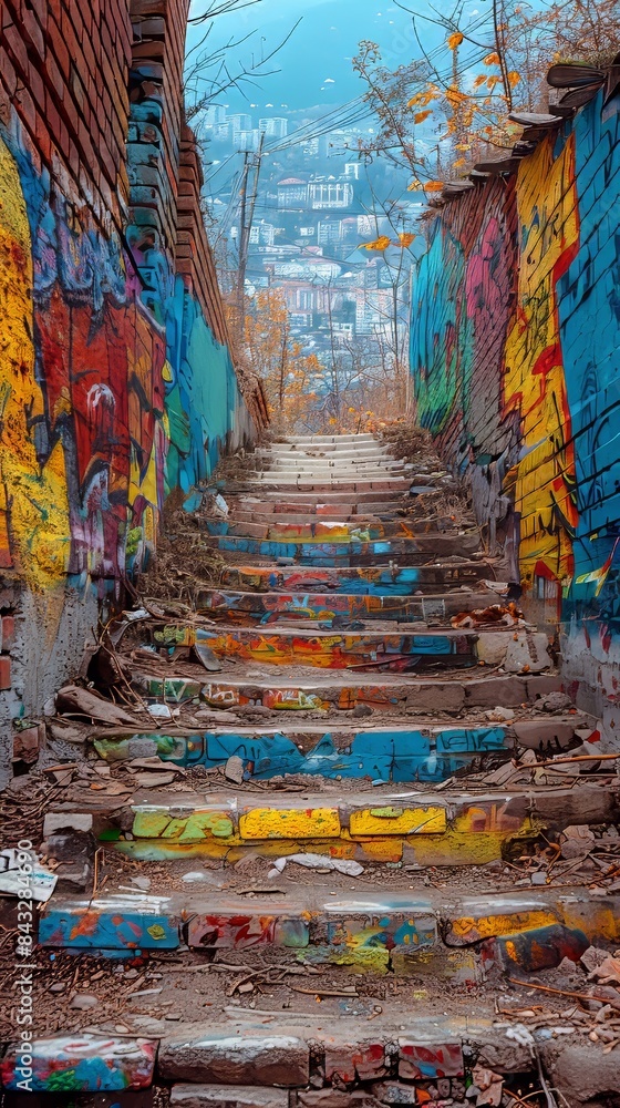 Fototapeta premium An old brick wall in a city covered with layers of graffiti and street art.