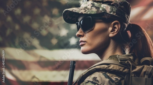 "Patriotic Female Soldier with American Flag in Background"