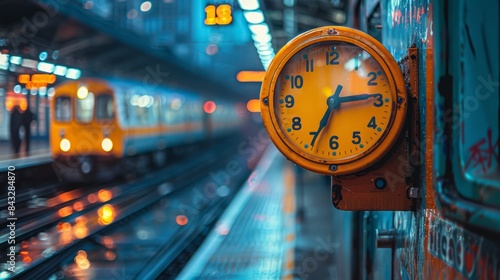 Obraz na płótnie Train station clock ticking, marking the punctuality of rail schedules. w salonie