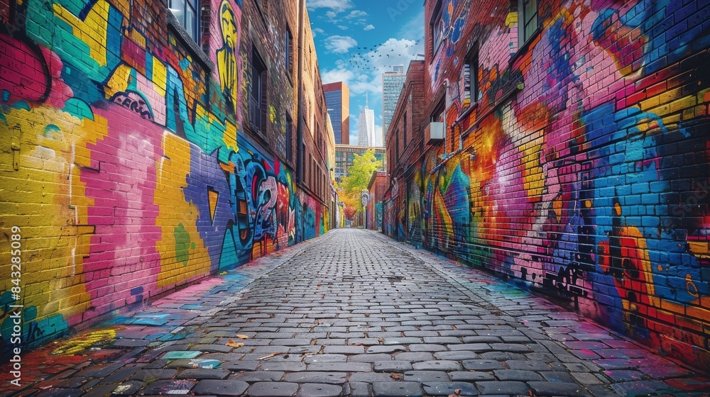 Fototapeta premium An old brick wall in a city covered with layers of graffiti and street art. 