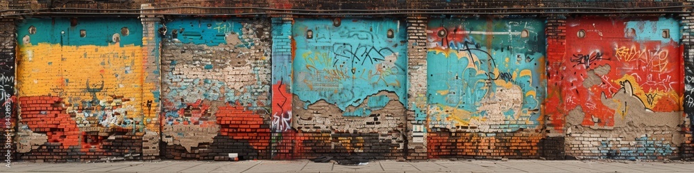 Fototapeta premium An old brick wall in a city covered with layers of graffiti and street art. 