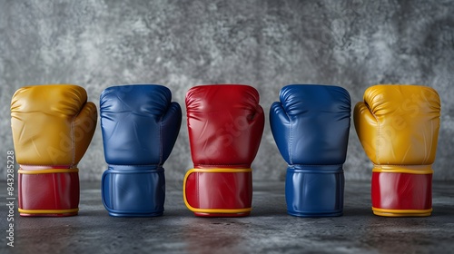 A set of boxing gloves in red, blue and yellow colors on a gray background. A banner with copy space for text for a stock photo contest winner. photo