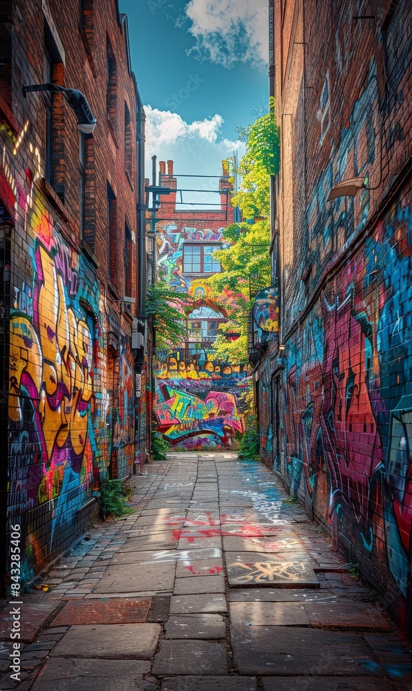 Fototapeta premium An old brick wall in a city covered with layers of graffiti and street art.