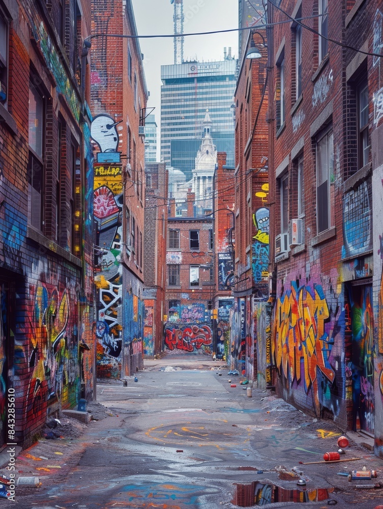 Fototapeta premium An old brick wall in a city covered with layers of graffiti and street art. 