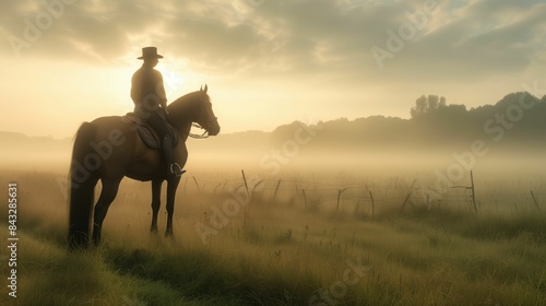 The picture of the cowboy or horse trainer with the horse that has been surrounded with wild nature under the sun at the dawn or dusk time, horse trainer require handling skills and technique. AIG43.