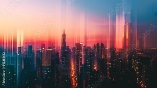 A surreal cityscape at twilight, with skyscrapers illuminated by the last rays of sunlight and city lights beginning to twinkle © Kaupe