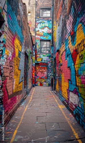 An old brick wall in a city covered with layers of graffiti and street art. 