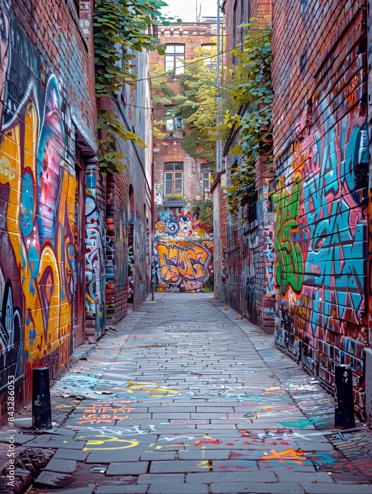 Fototapeta premium An old brick wall in a city covered with layers of graffiti and street art. 