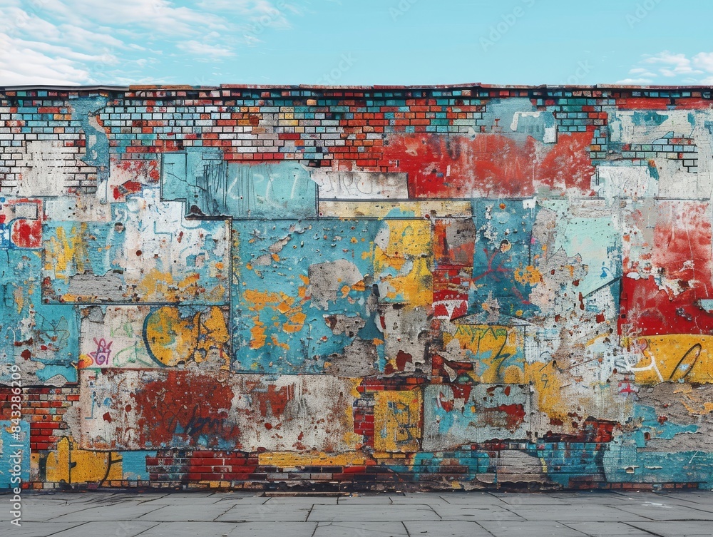 Fototapeta premium An old brick wall in a city covered with layers of graffiti and street art. 
