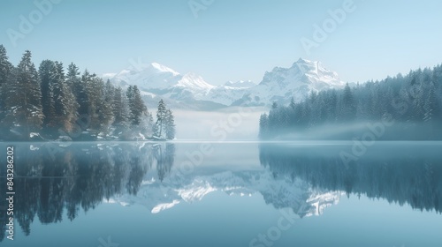 A tranquil lake scene with a still water surface reflecting the surrounding pine forest and snow-capped mountains in the distance.