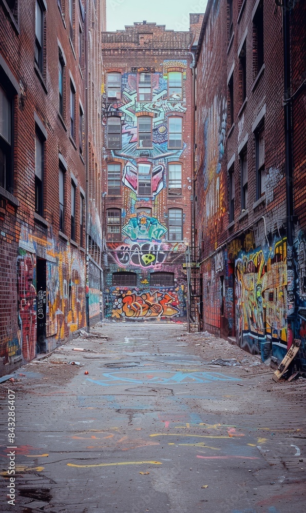 Fototapeta premium An old brick wall in a city covered with layers of graffiti and street art. 