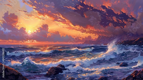 A picturesque painting capturing the sunset over the ocean  with vibrant colors reflecting on the water and a beautiful sky filled with cumulus clouds AIG50