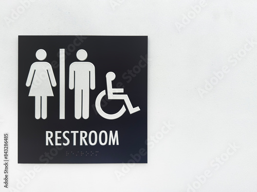 Restroom sign on a white wall with icons