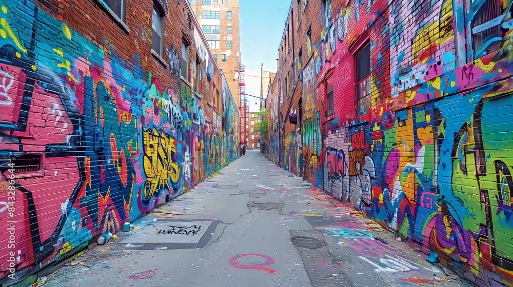 Fototapeta premium An old brick wall in a city covered with layers of graffiti and street art.