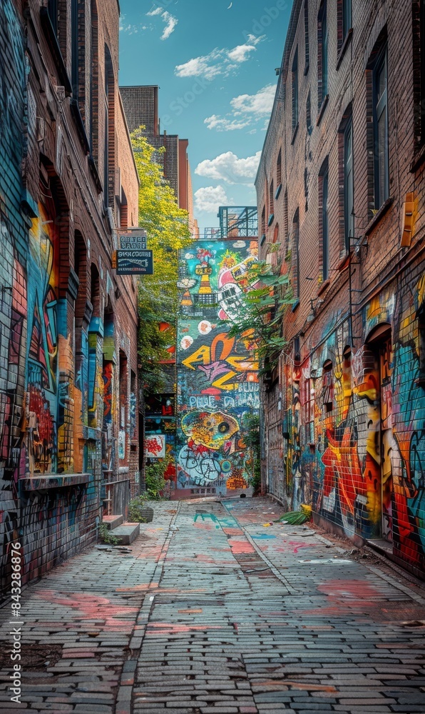 Naklejka premium An old brick wall in a city covered with layers of graffiti and street art. 