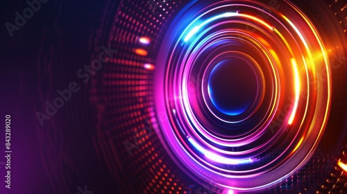 Metallic circular sound amplifier, abstract background, glowing neon accents, clean lines, modern technology