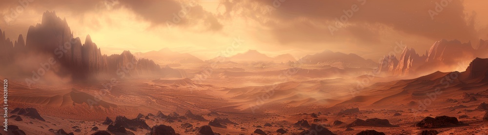 Naklejka premium Martian desert landscape, rocky terrain, thick fog, red-hued sky, distant mountains, hazy atmosphere