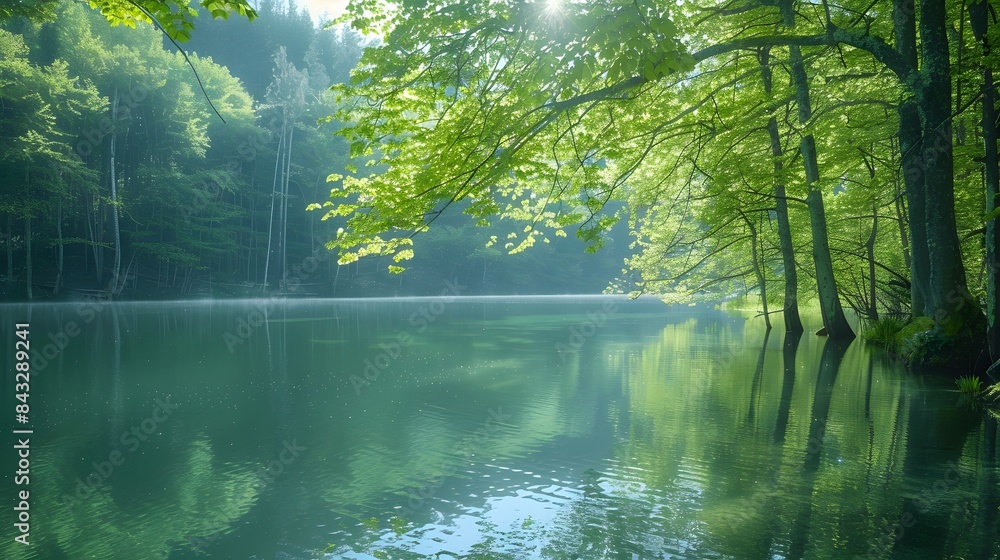 Beautiful lake in spring, with a forest background, the calm water surface had reflections of trees and sky, sunlight filtering through leaves, created a peaceful nature scene. Beautiful lake in spring, with a forest background, the calm water surface had reflections of trees and sky, sunlight filtering through leaves, created a peaceful nature scene.