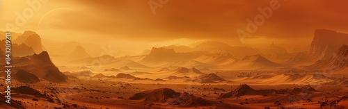 Martian desert landscape  rocky terrain  thick fog  red-hued sky  distant mountains  hazy atmosphere