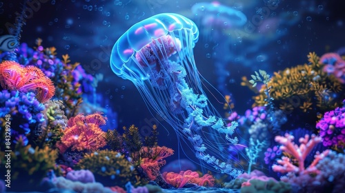 A jellyfish is swimming in a colorful coral reef