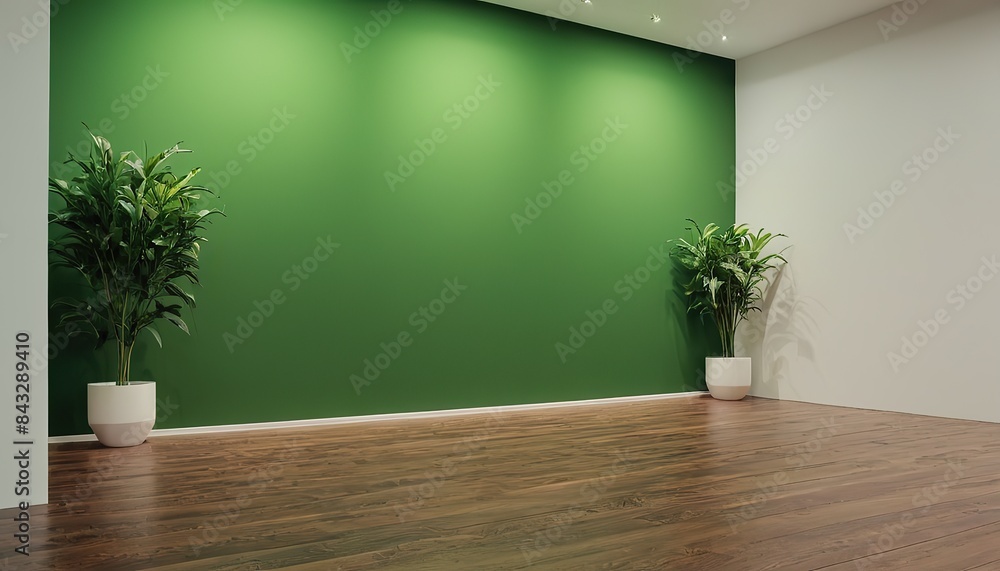 Green Wall Empty Room with Plants on a Wooden Floor