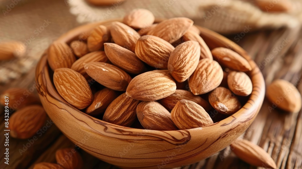 Almonds in a Wooden Bowl on Black Background Almonds in a Wooden Bowl on Black Background