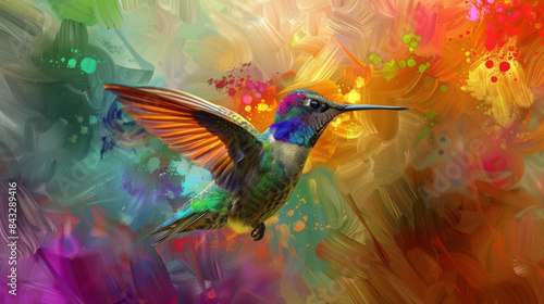 A colorful painting of a hummingbird with its wings spread out